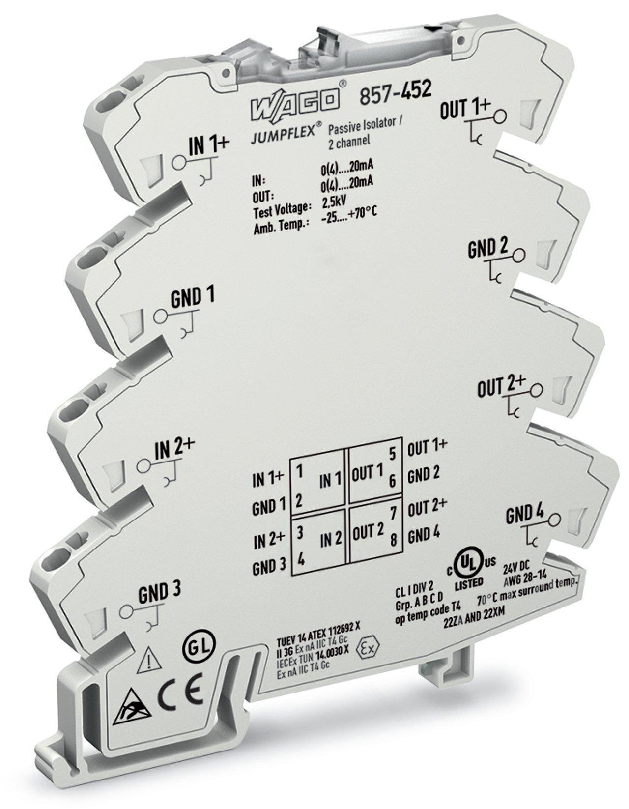 Passive isolator, 2-channel; Current input signal; 2 x current output signal; Power via input; 6 mm module width; 2,50 mm