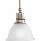 The Madison collection features etched glass with transitional elements. Simplified vintage style. One-light stem-hung mini-pendant with white etched glass. Brushed Nickel finish.