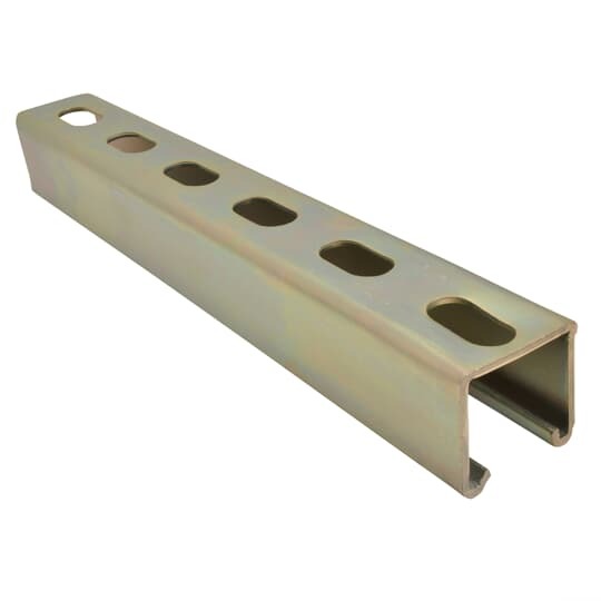 Channel, 12 Gauge, 1-5/8 Inch x 1-5/8 Inch, Length 20 Feet, Half Slotted Type 304 Stainless Steel with 9/16 Inch x 1-1/8 Inch Slots on 2 Inch Centers