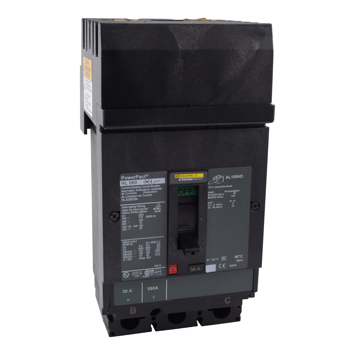 Circuit breaker, PowerPacT H, 50A, 3 pole, 600VAC, 50kA, I-Line, thermal magnetic, 80%, ABC