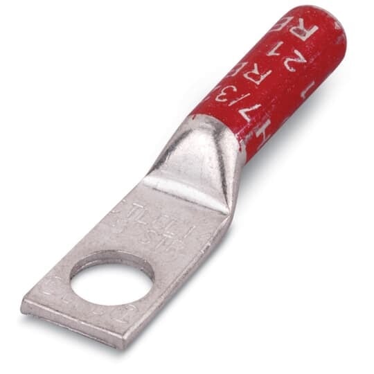 Copper One-Hole Lug, Long Barrel, Max 35kV, 2/0 Str. Wire, 3/8 Bolt Size, Tin Plated, Die Color Code Black