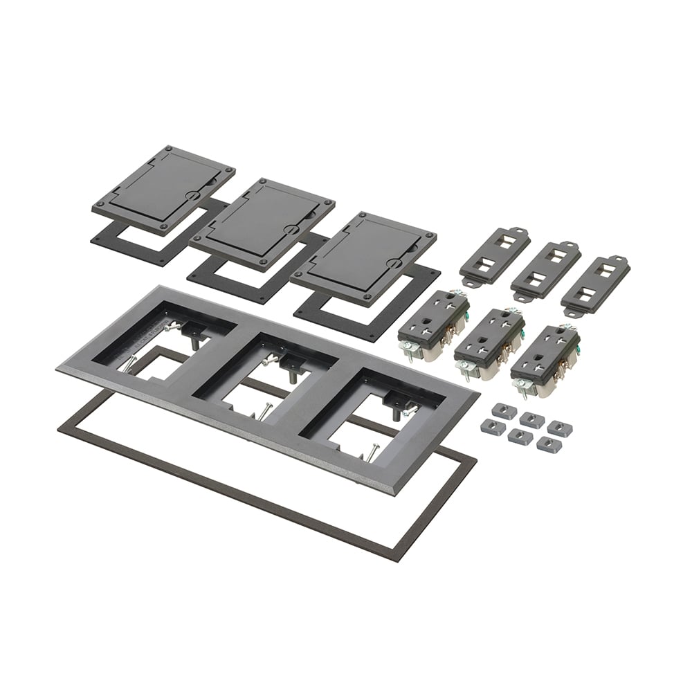 Black non-metallic three gang frame kit with (3) flip lid covers. Includes (3) 20A decorator style receptacles, (3) gaskets, low voltage insert and installation screws. Flip lid cover can be opened in any direction.