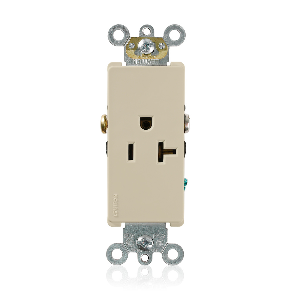 20 Amp, 125 Volt, NEMA 5-20R, 2P, 3W, Decora Plus Single Receptacle, Straight Blade, Commercial Grade, Self-Grounding, , , Back & Side Wired, Steel Strap, - Ivory