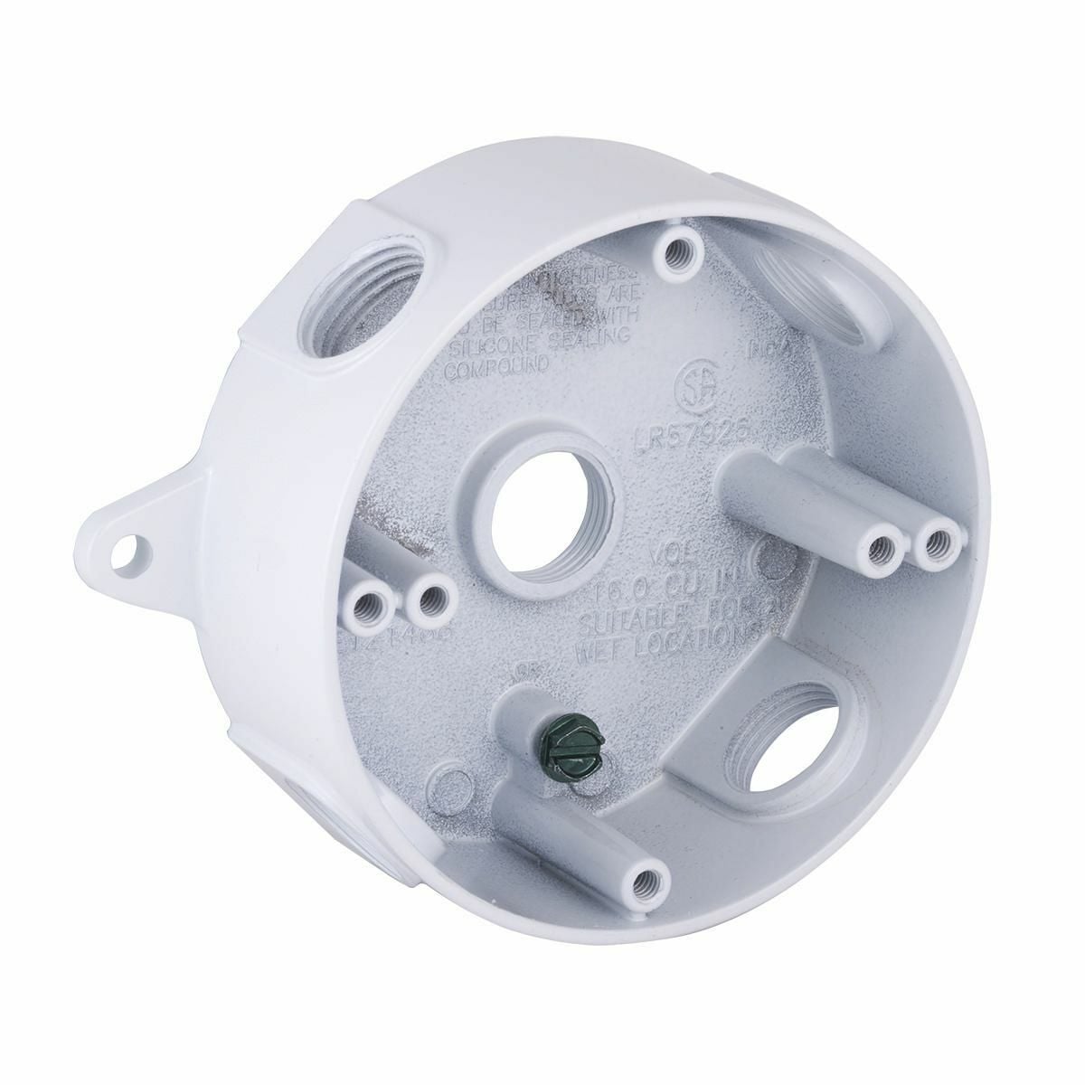 1-1/2 In. Deep - White Five Threaded 1/2IN Outlets - 4 In. Round SpliceBox