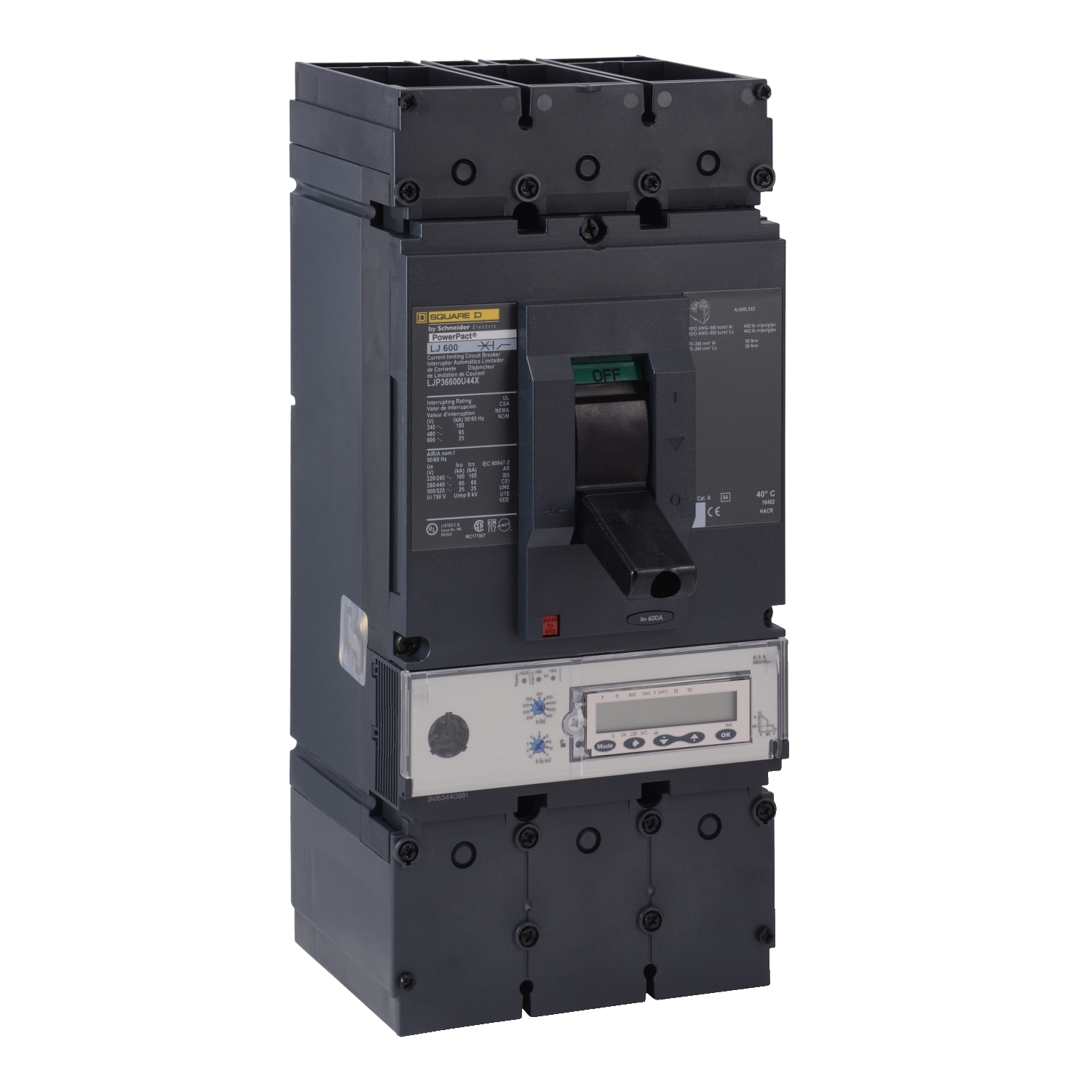 Circuit breaker, PowerPacT L, 400A, 3 pole, 600VAC, 25kA, lugs, MicroLogic 6.3A, 80%