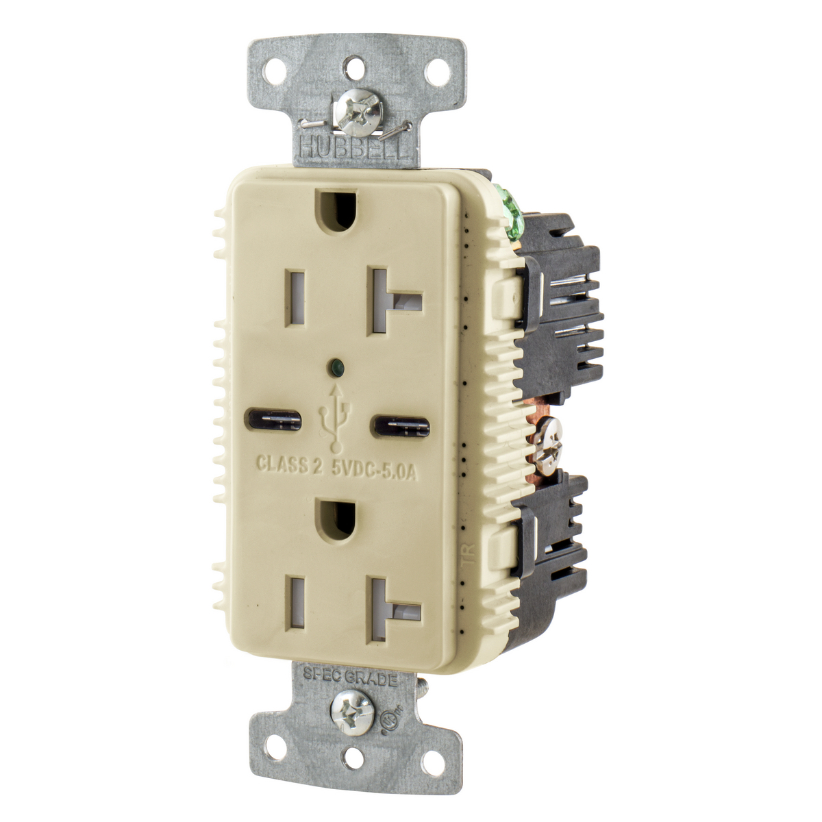 USB Charger Duplex Receptacle, 20A 125V,2-Pole 3-Wire Grounding, 5-20R, 2) 5A "C" USB Ports, Ivory