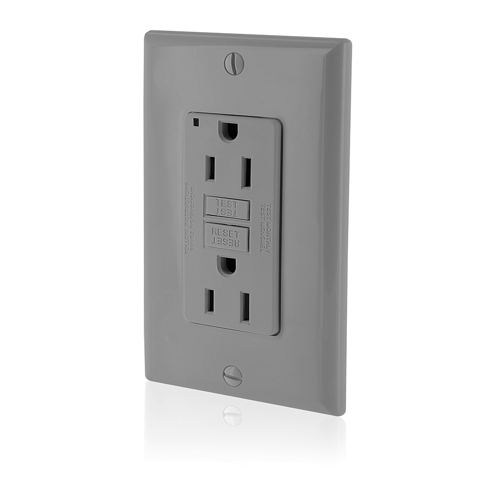 15 Amp, 125 Volt Receptacle/Outlet, 20 Amp Feed-Through, Self-test SmartLock Pro Slim GFCI, monochromatic, back and side wired, nylon wallplate/faceplate and self grounding clip included - GRAY
