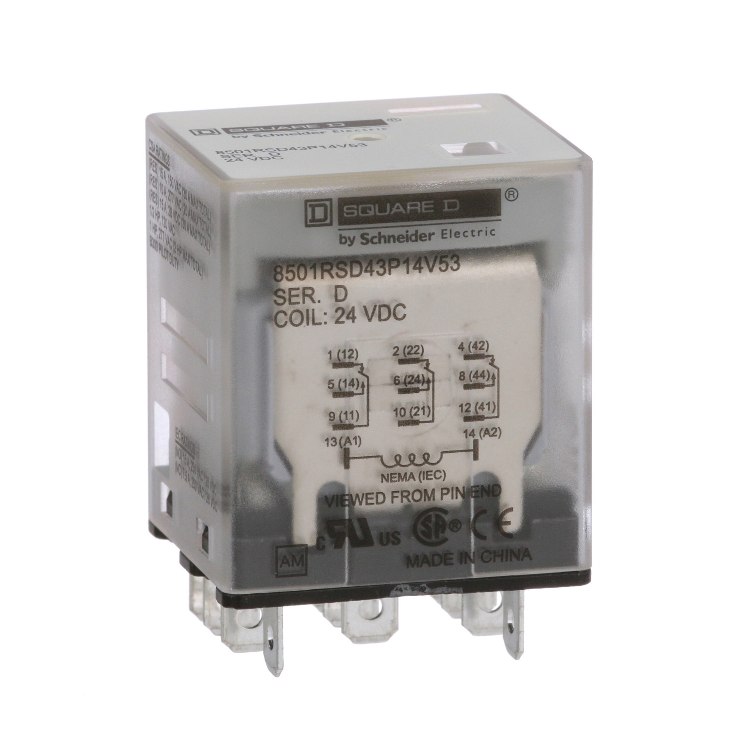 Plug in relay, Type R, miniature, 1 HP at 277 VAC, 15A resistive at 120 VAC, 11 blade, 3PDT, 3 NO, 3 NC, 24 VDC coil