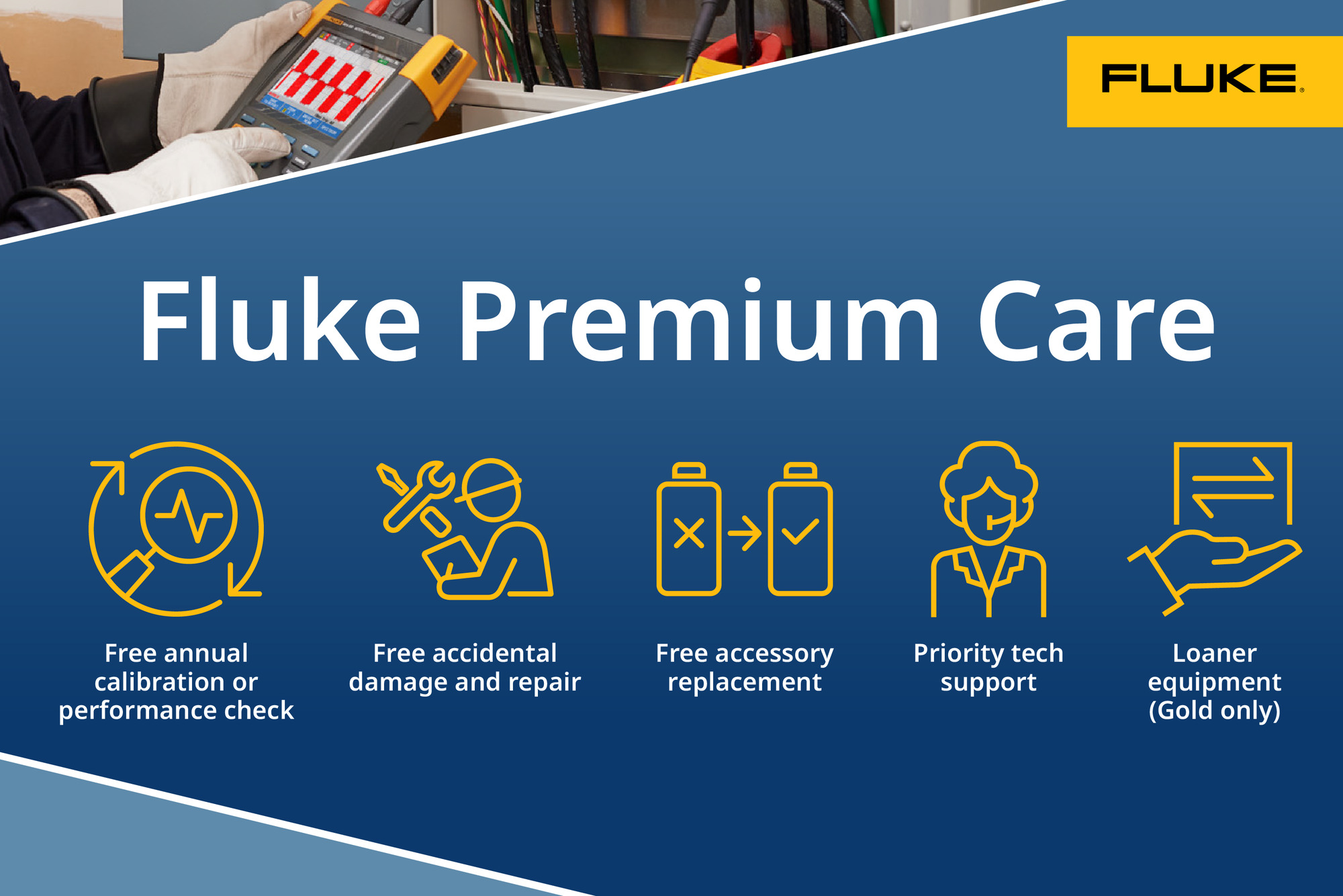 Enhance equipment protection and optimize costs with Fluke Premium Care. Included with the Fluke Solmetric PVA-1500HE2, this kit is designed to offer unparalleled coverage and support over the course of 1 year, ensuring you are shielded from unexpected disruptions caused by damaged testing equipment, accessories, or tools needing calibration or repairs. With Fluke Premium Care, you can have peace of mind knowing your investment is safeguarded, allowing you to focus on your work with confidence and efficiency.