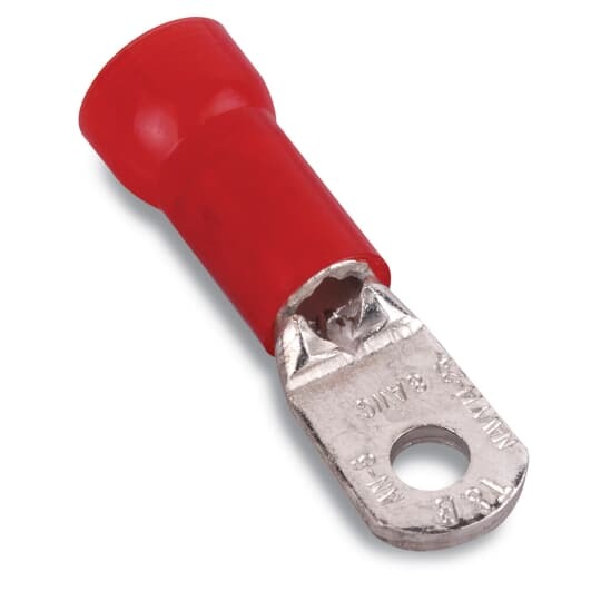 Nylon Insulated Large Ring Terminal, Length 1.63 Inches, Width .57 Inches, Maximum Insulation .340, Bolt Hole 3/8 Inch, Wire Range 8, Color Red, Copper, Tin Plated, 200 Pack