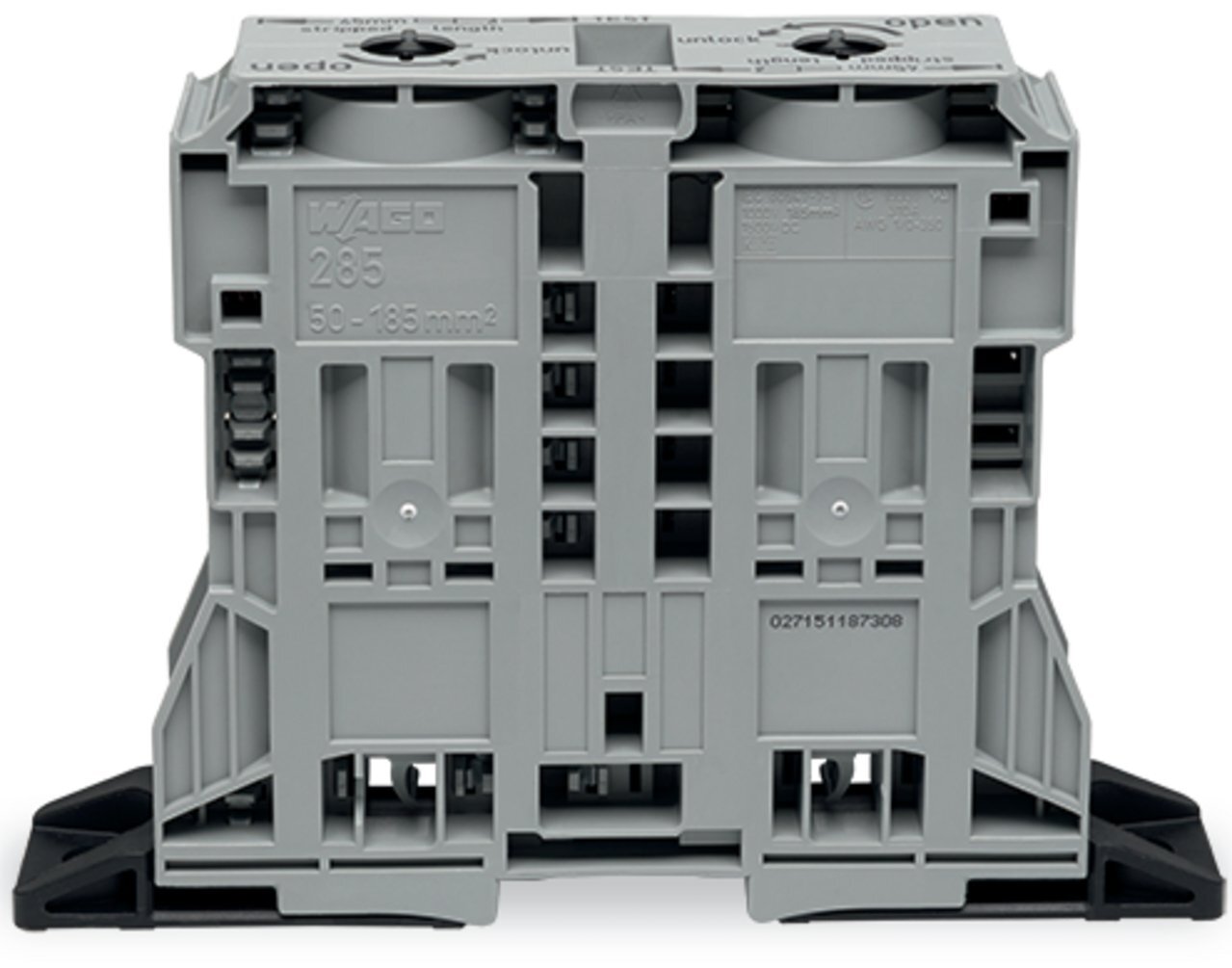 2-conductor through terminal block; 185 mm; lateral marker slots; with fixing flanges; POWER CAGE CLAMP; 185,00 mm; gray