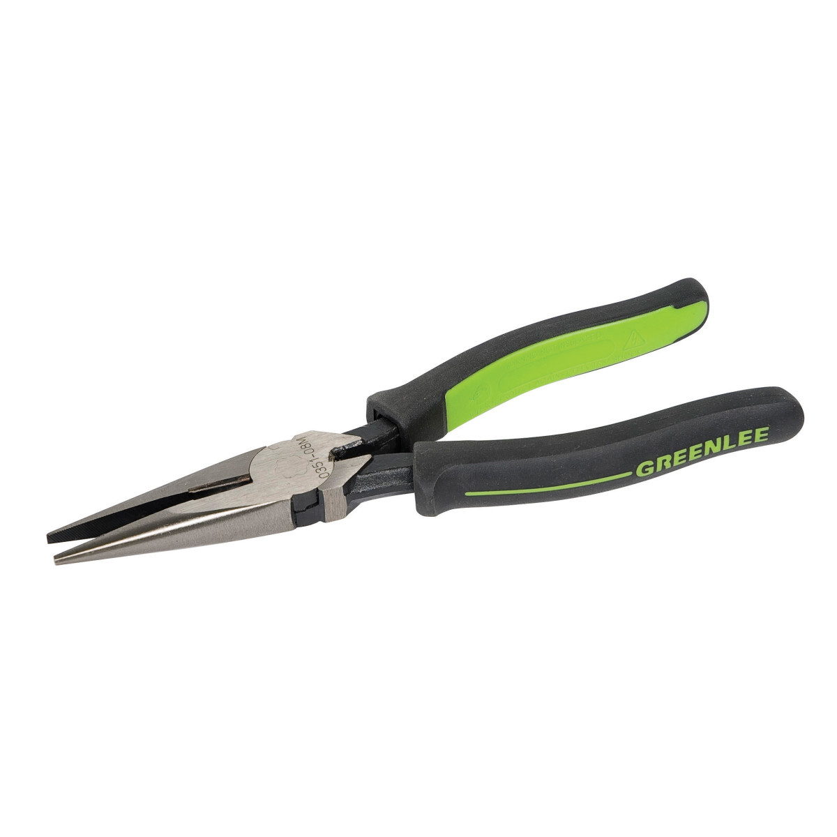 Pliers Long Nose Side Cutting 8" with Molded Grip.  Slip-proof , ergonomic molded grips and flared handles for increased comfort and reduced fatigue.  Location of handle ridge allows the user to "choke up" for greater control.  Forged from chrome vanadium steel for greater durability and strength.  Laser hardened cutting knives keep edge and last longer than induction hardened knives.  Designed to provide long life even when cutting hardened wire.  Serrated jaws for stronger gripping power. Exceeds ASME/ANSI specifications.  Lifetime limited warranty.  Note: This is not an insulated tool.