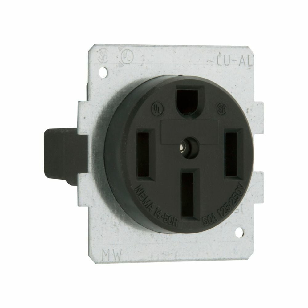 Eaton power device receptacle, Range, #12 - 4 AWG, 50A, Flush, 125/250V, Back, Black, NEMA 14-50R, Three-pole, Four-wire, Three-pole, four-wire, grounding, Screw, Glass-filled nylon, Power, Used with S21