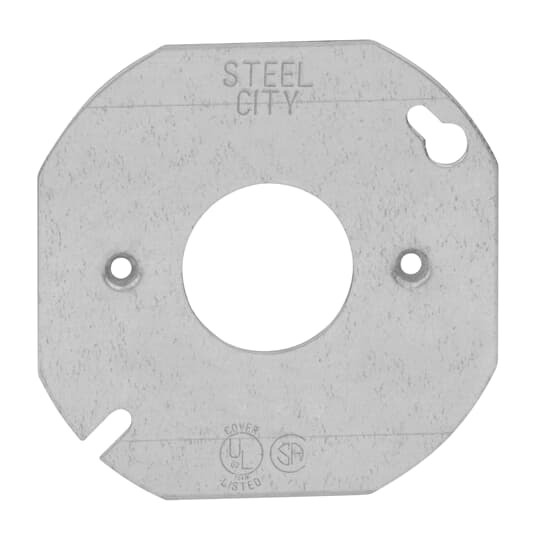 Octagon Box Cover, 4 Inch Diameter, Pre-Galvanized Steel, Flat and Center Blanked for Single Receptacle 1-13/32 Inch Diameter Hole, For use with Round and Octagon Boxes