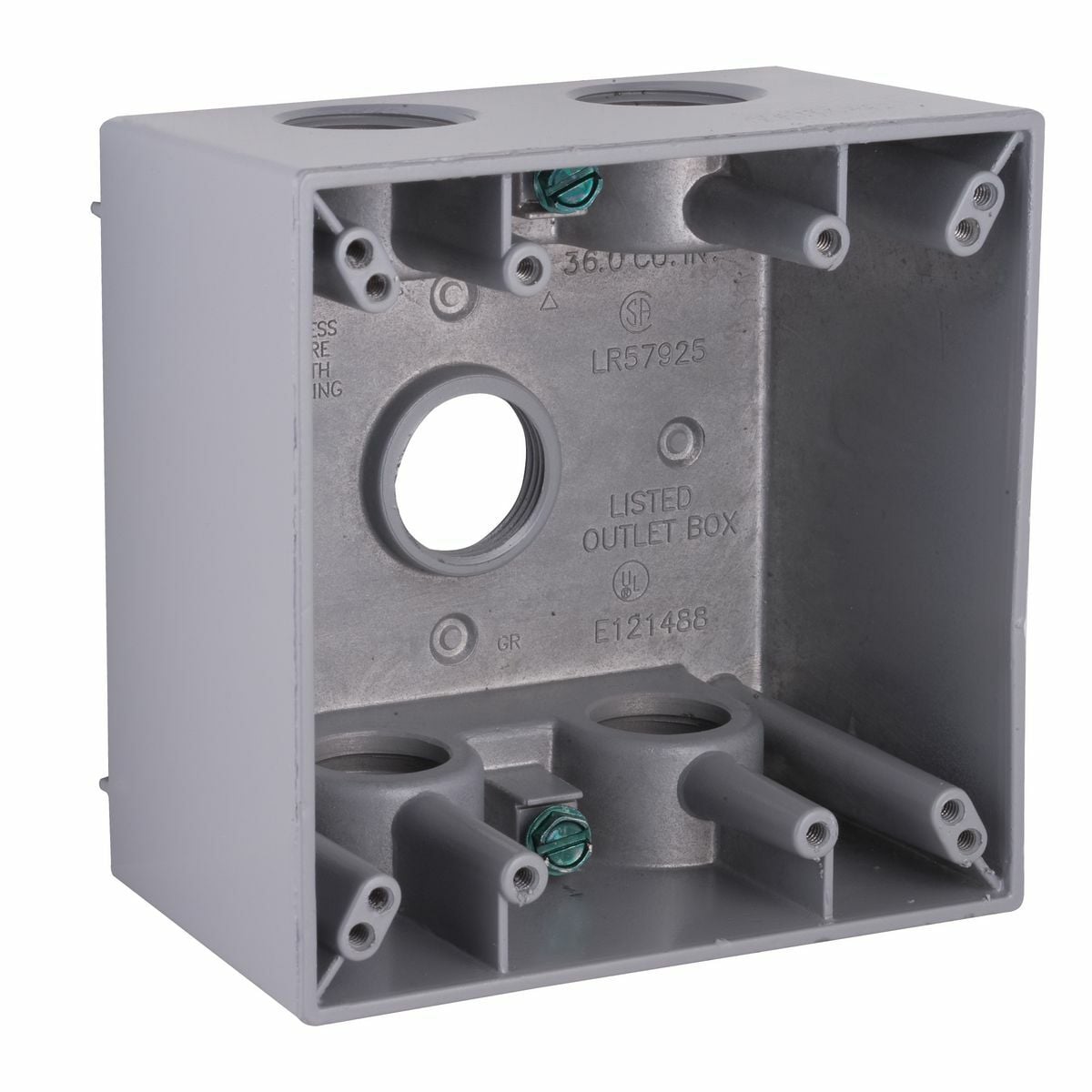 2-5/8 In. Deep with Lugs - Five Threaded Outlets - 4-1/2 In. x 4-1/2In.,(5) 3/4 In. Outlets