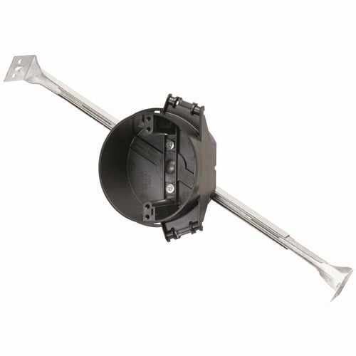 4 Round Ceiling Box with abar hanger that adjusts to 16or 24 joist spacing.It has four Auto/Clamps. It is constructed with impact-resisitant Noryl thermoplastic, making it virtually unbreakable and non-conductive. Its depth-mounting gauge at bottom of bracket helps you align the box at the proper depth relative to the ceiling. 50 pack.