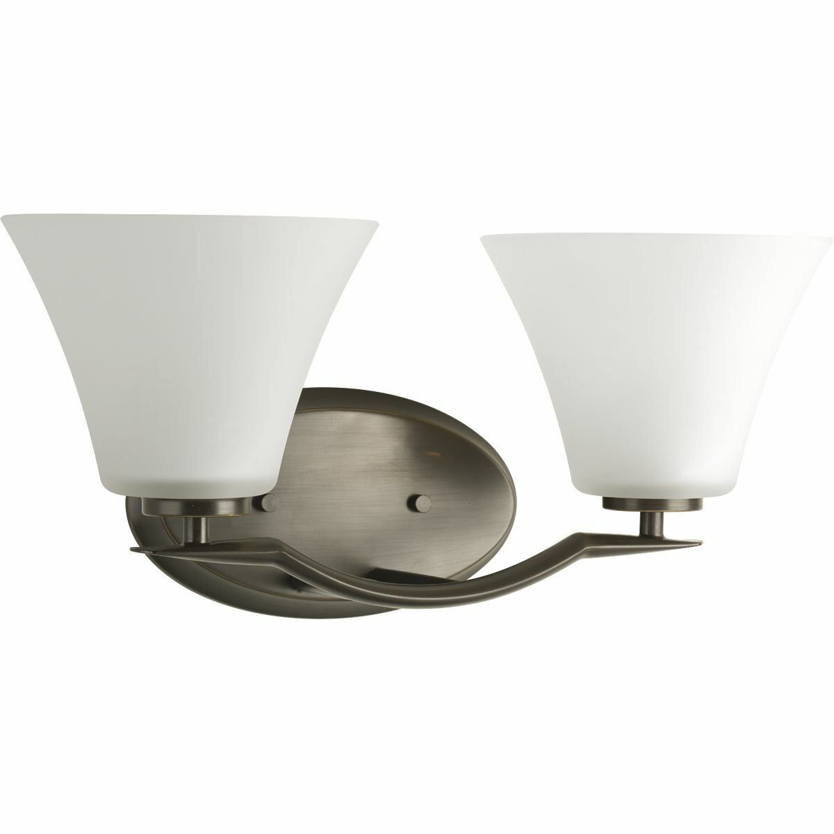 Two-light bath finished in Antique Bronze with etched glass shades scaled across a slightly arching, pointed arm. Generously balanced glass shades add distinction and provide pleasing illumination to your room. Coordinating fixtures from this collection let you decorate an entire home with confidence and style.