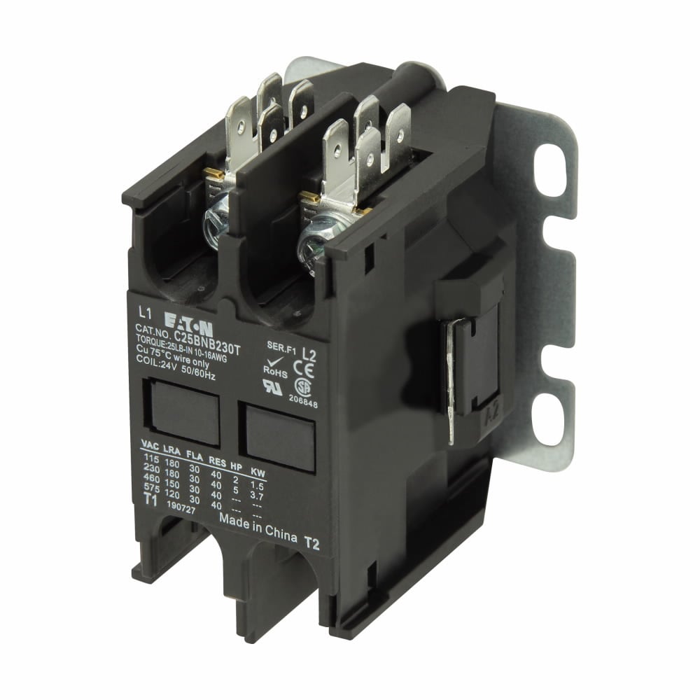 Eaton definite purpose contactor, Quick, 30A, 440-480 Vac, 50/60 Hz, Open with metal mounting plate, Compact, two-pole, 30A, Contactor, Two-pole, 40A, Binding head screw and quick connect terminals (side-by-side), Non-reversing