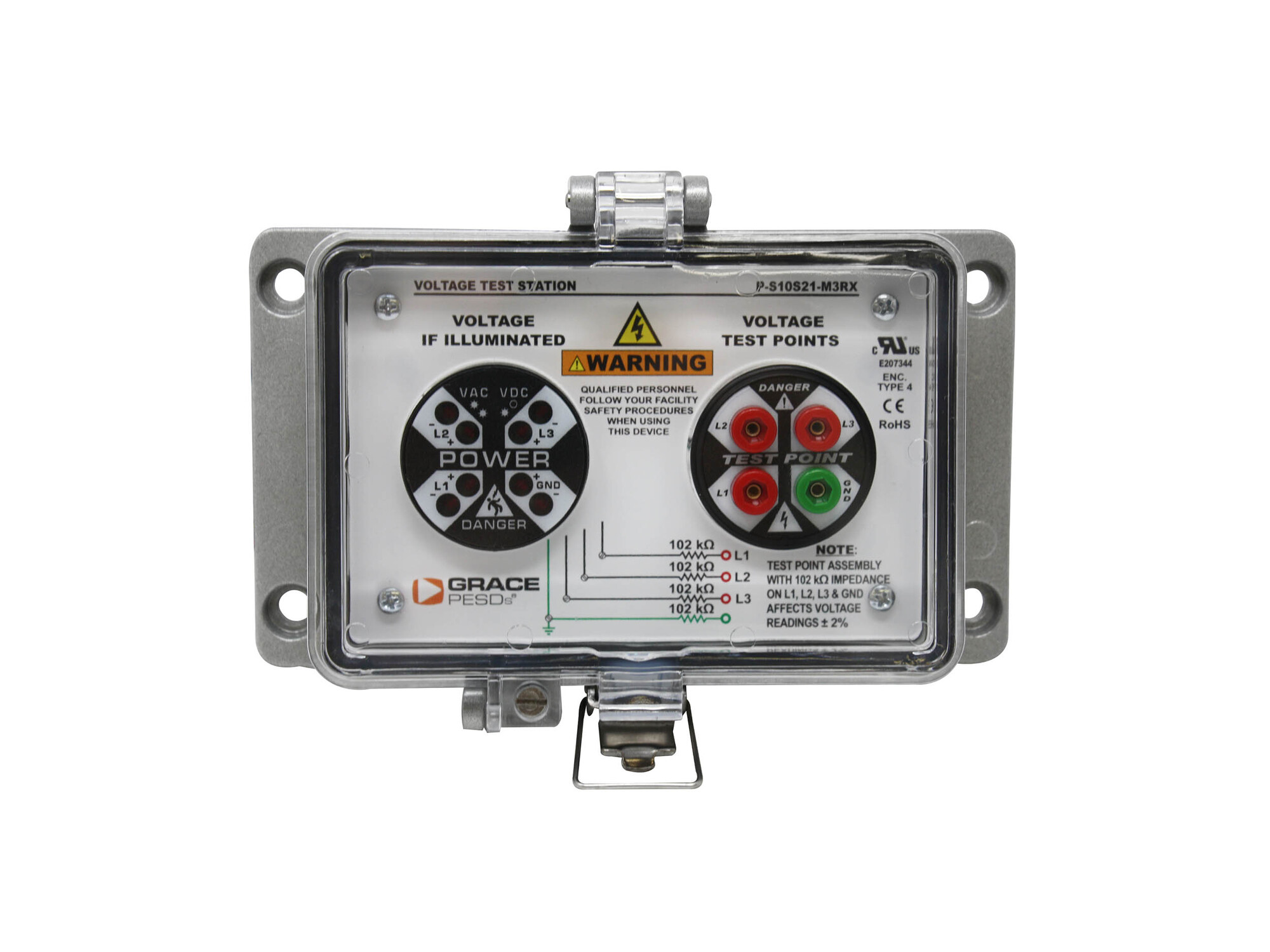 VOLTAGE TEST STATION WITH FLASHING VOLTAGE INDICATOR AND SAFE TEST POINT, HORIZONTAL MOUNT, UL TYPE 4 HOUSING