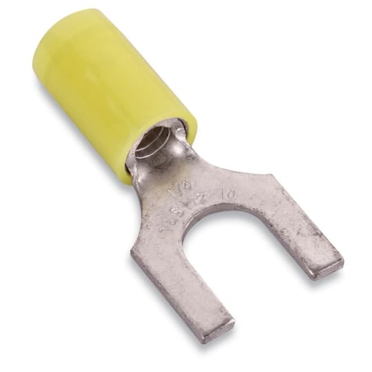 Nylon Insulated Fork Terminal, Length 1.12 Inches, Width .50 Inches, Maximum Insulation .210, Bolt Hole 1/4 Inch, Wire Range #12-#10 AWG, Color Yellow, Copper, Tin Plated, 500 Pack