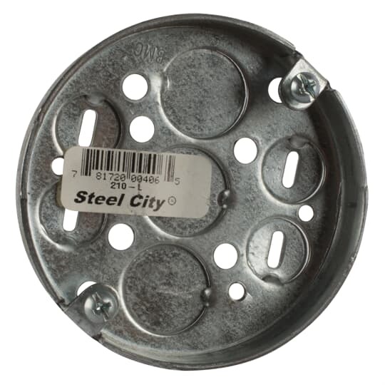 Pancake Box, 4 Cubic Inches, 3-1/4 Inch Diameter, 1/2 Inch Deep, 1/2 Inch Knockouts, Pre-Galvanized Steel, For Non-Metallic Sheathed Cable, Furnished with Two 8/32x1/2 Inch Screws