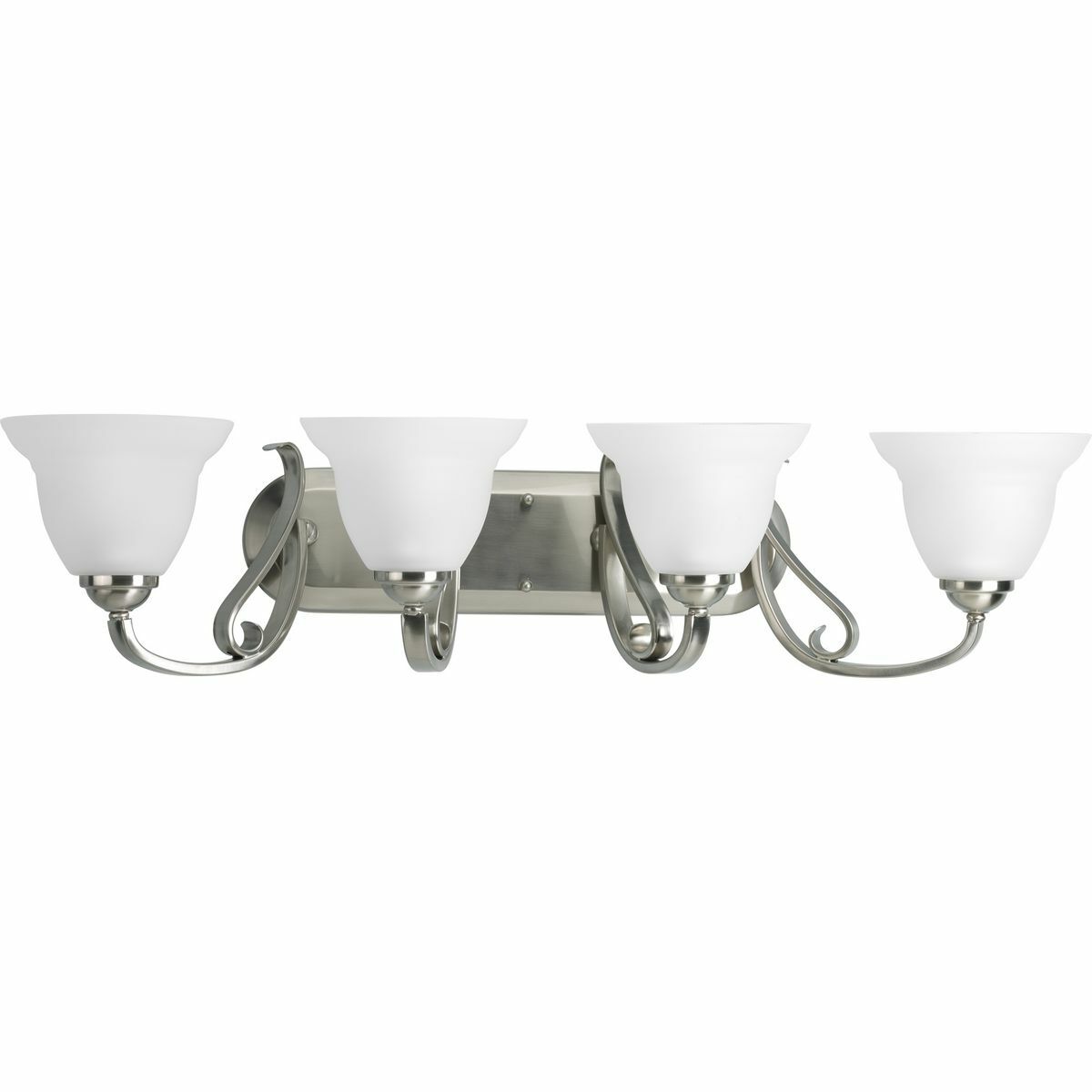 Four-light bath bracket from The Torino collection is casual with a certain modern flair. An elegantly formed metal frame is completed with a rich, brushed finish and Etched White glass. The styling is versatile and a timeless complement to any space. The complete collection includes fixtures for every room in your home.