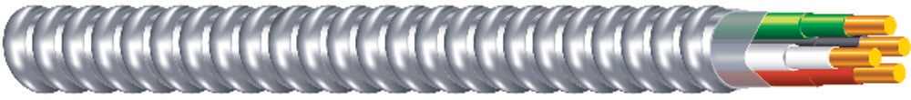 Southwire Armorlite Type MC Cable is constructed with soft-drawn copper  Type THHN/THWN-2 conductors rated 90C dry  and a bare copper grounding conductor for sizes 1/0 AWG and larger. The conductors are cabled together and a binder tape bearing the print legend is wrapped around the assembly. Aluminum interlocking armor is applied over the assembly. Also available in steel. Conductors are black with phase identification. Colors available upon request with economic order quantity.