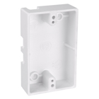 Single-Gang Surface Mount Box, Volume 9.8 Cubic Inches, Length 4-1/2 Inches, Width 2-3/4 Inches, Depth 1-1/8 Inch, Color White, Material Urea, Mounting Means Screws