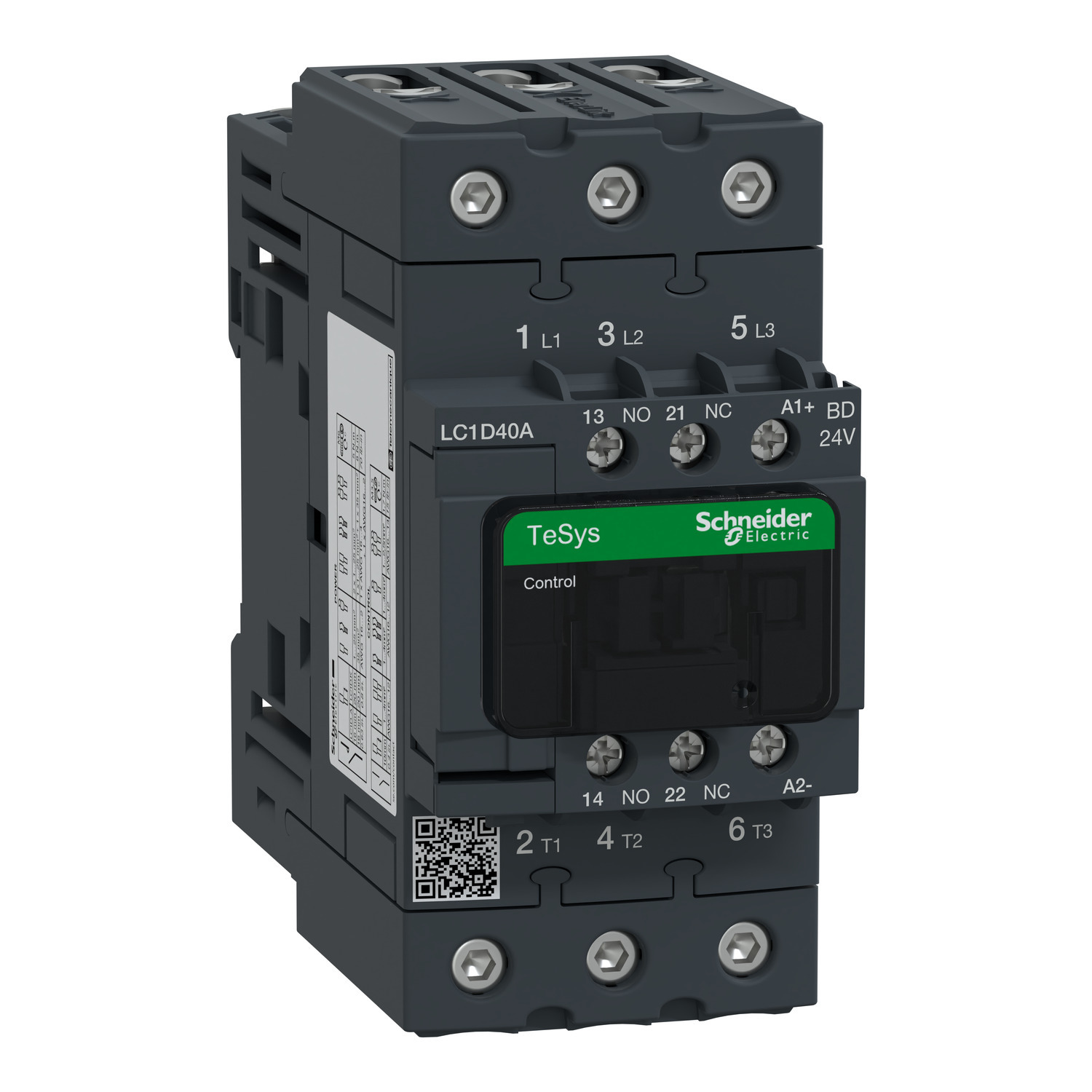 IEC contactor, TeSys Deca, nonreversing, 40A, 30HP at 480VAC, up to 100kA SCCR, 3 phase, 3 NO, 24VDC coil, open style