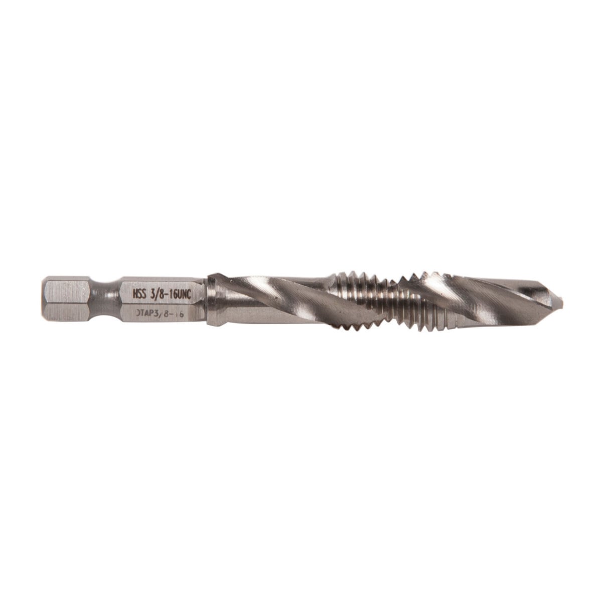 Combination Drill/Tap Bits.  3/8-16NC.  Complete hole drilling, tapping and deburring/countersinking in one operation with power drill saves labor and time.  Back tapered beyond tap to prevent thread damage from over-drilling.  Deburr/countersink also provided on bit beyond back taper.  Made from hardened high-speed steel vs. carbon steel for longer life.  High quality hex shank to ensure strong connection to drill chuck.  Designed to tap up to 10-gauge metal.  Quick change adaptor included in both metric and standard kits.