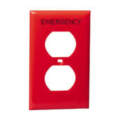 1-Gang Duplex Device Receptacle Wallplate, Standard Size, Thermoplastic Nylon, Device Mount, Hot Stamped "Emergency", Red