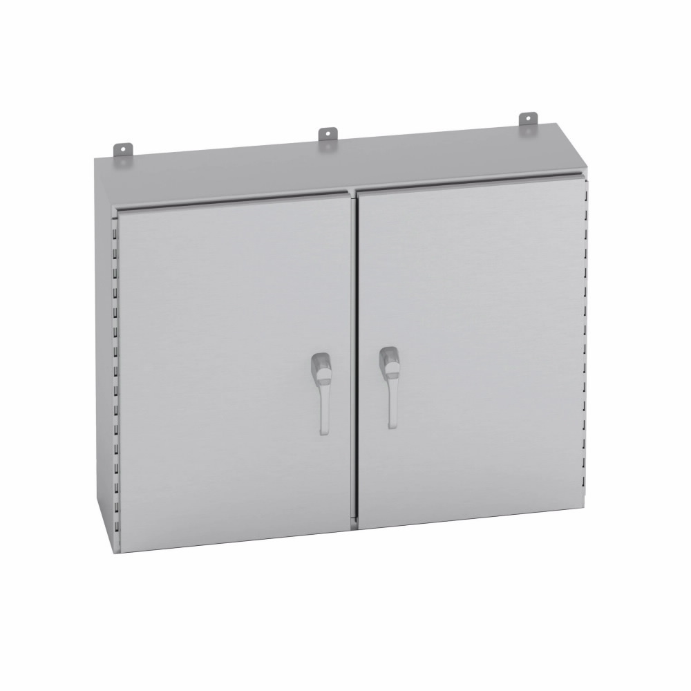 Eaton B-Line series wall mounted panel enclosure, 48" height, 12" length, 48" width, NEMA 4X, Hinged cover, 4XSD3PT enclosure, Wall mount, Medium double door, External mounting feet, 304 stainless steel, Seamless poured in-place gasket
