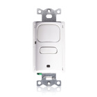 24V Passive Infrared (PIR) Wall Switch Sensor. Occupancy (auto-on) and Vacancy (manual-on) operating modes, 1 relay mode for single-level switching, 1,000 square-foot, 180 degree coverage. 120/277VAC, 50/60Hz, no minimum load requirement, zero arc point switching. Title 24 and IECC and ASHRAE 90.1 Compliant. UL and cUL Listed. Color: White