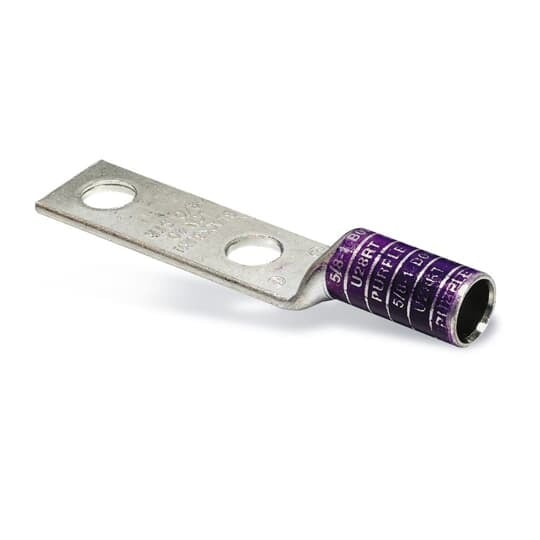 Type LCN Copper Two-Hole Lug, Long Barrel, Max 35kV, Wire Size 600 kcmil, 1/2 Inch Bolt Hole, Tin Plated, Die Color Code Green