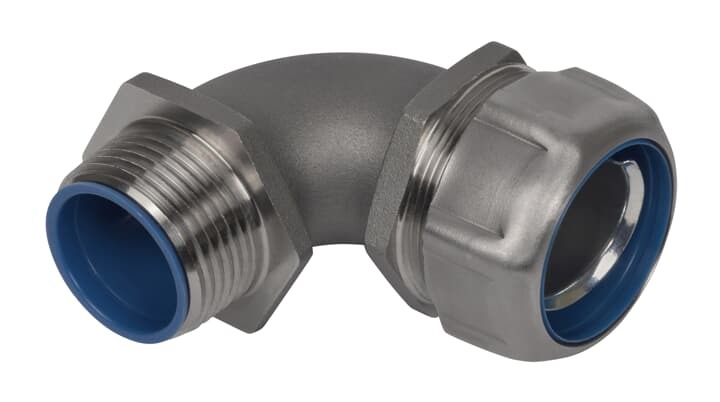 1/2 Inch Liquidtight Fitting for Flexible Metallic Conduit, 90 Degree, UL/CSA Listed, High UV Resistance, NEMA Ratings: 3, 3R, 4, 4X, Length 2.35 Inches/59.69mm, Width 1.33 Inches/33.78mm, Height 2.25 Inches/57.15mm, Temperature Range 0 to 105 Degrees C, 316 Stainless Steel with Duraplated Ground Cone