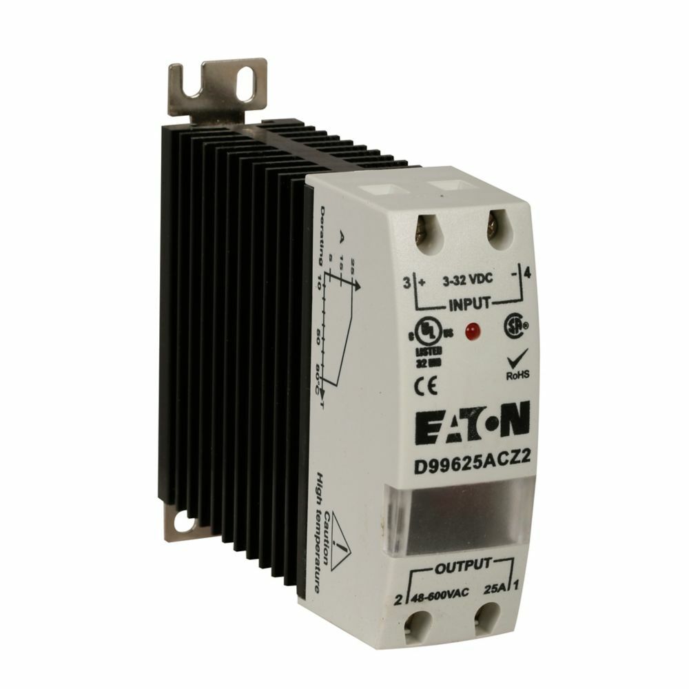 D99 Series Solid-State Relay, 90-280V input voltage, 48-600V output voltage, Zero cross switching type, 40A rated operational current, Green LED, SPST-NO contact configuration, IP20 enclosure