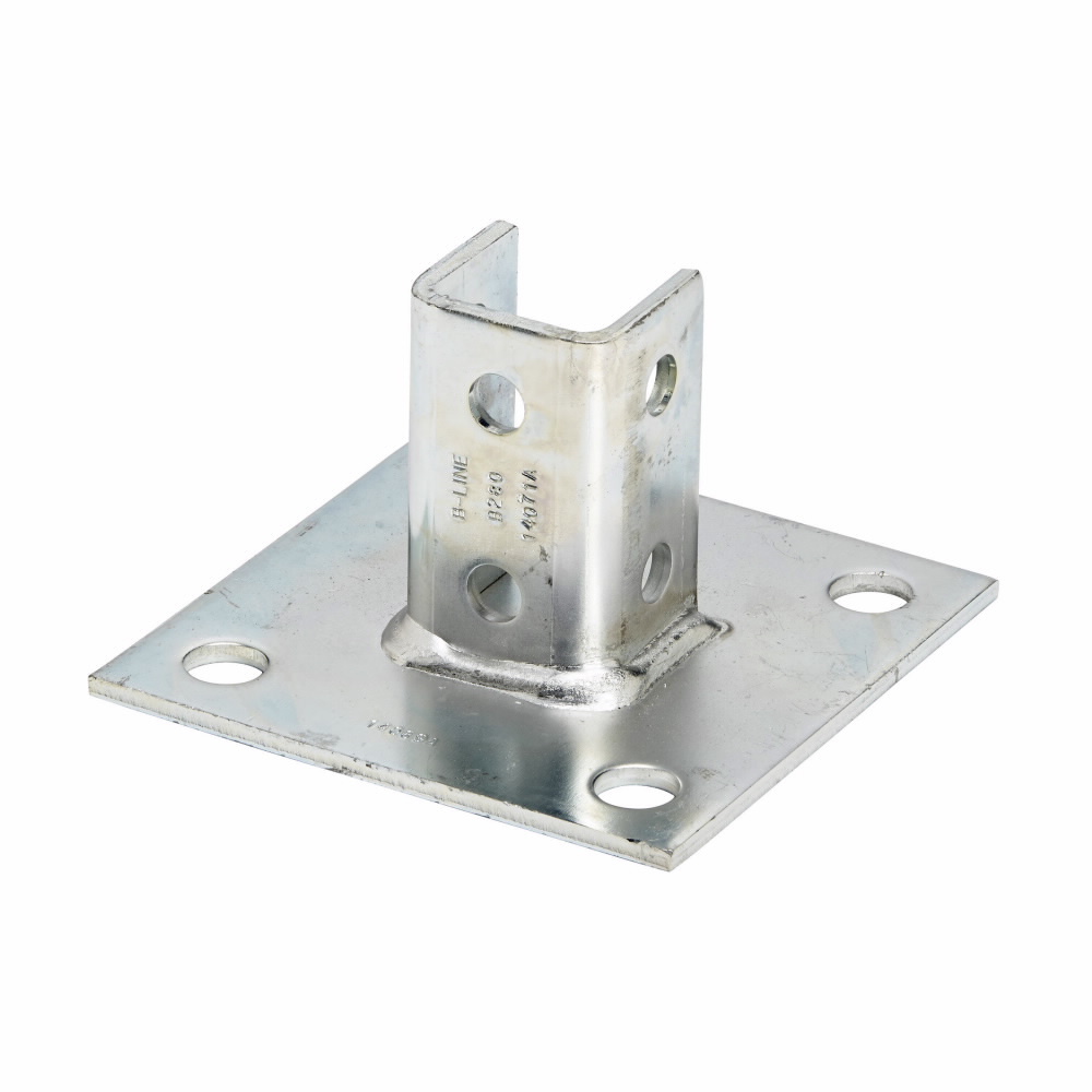 Eaton B-Line series post base, 3.5" H x 6" L x 6" W, Steel, Hot-dipped galvanized, Fits channel B22, Square post base, centered
