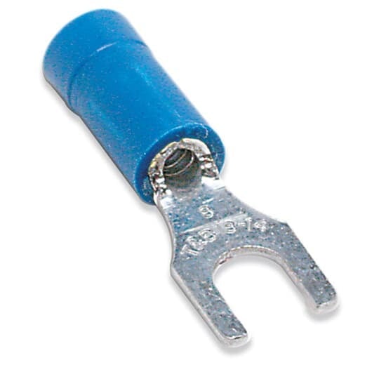 Vinyl-Insulated Fork Terminal, Length .97 Inches, Width .31 Inches, Maximum Insulation .170, Bolt Hole #8, Wire Range #18-#14 AWG, Color Blue, Copper, Tin Plated, Mini-Pack