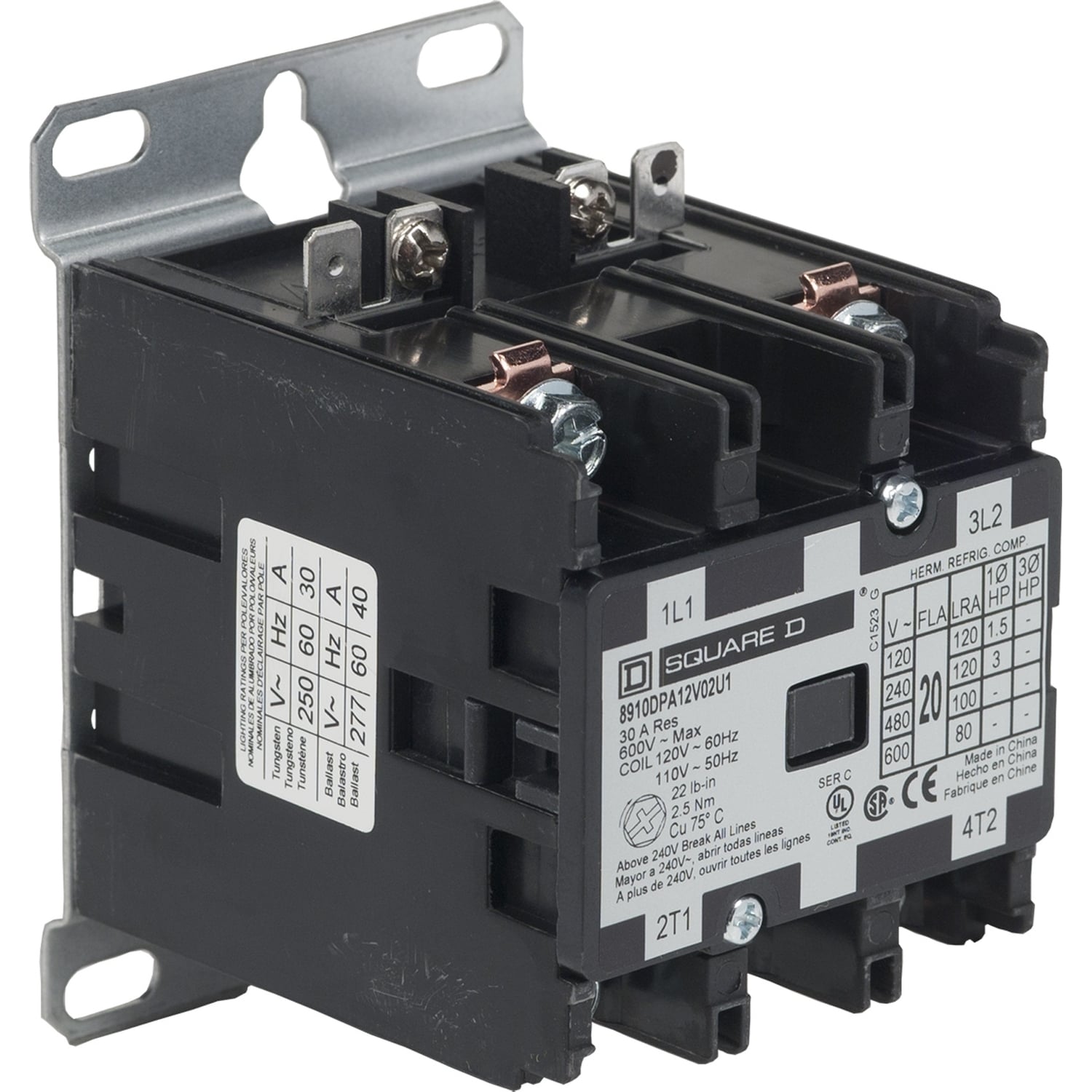 Contactor, Definite Purpose, 20A, 2 pole, 3 HP at 230 VAC, 1 phase, 208/240 VAC 60 Hz 220 VAC 50 Hz coil, UL Listed