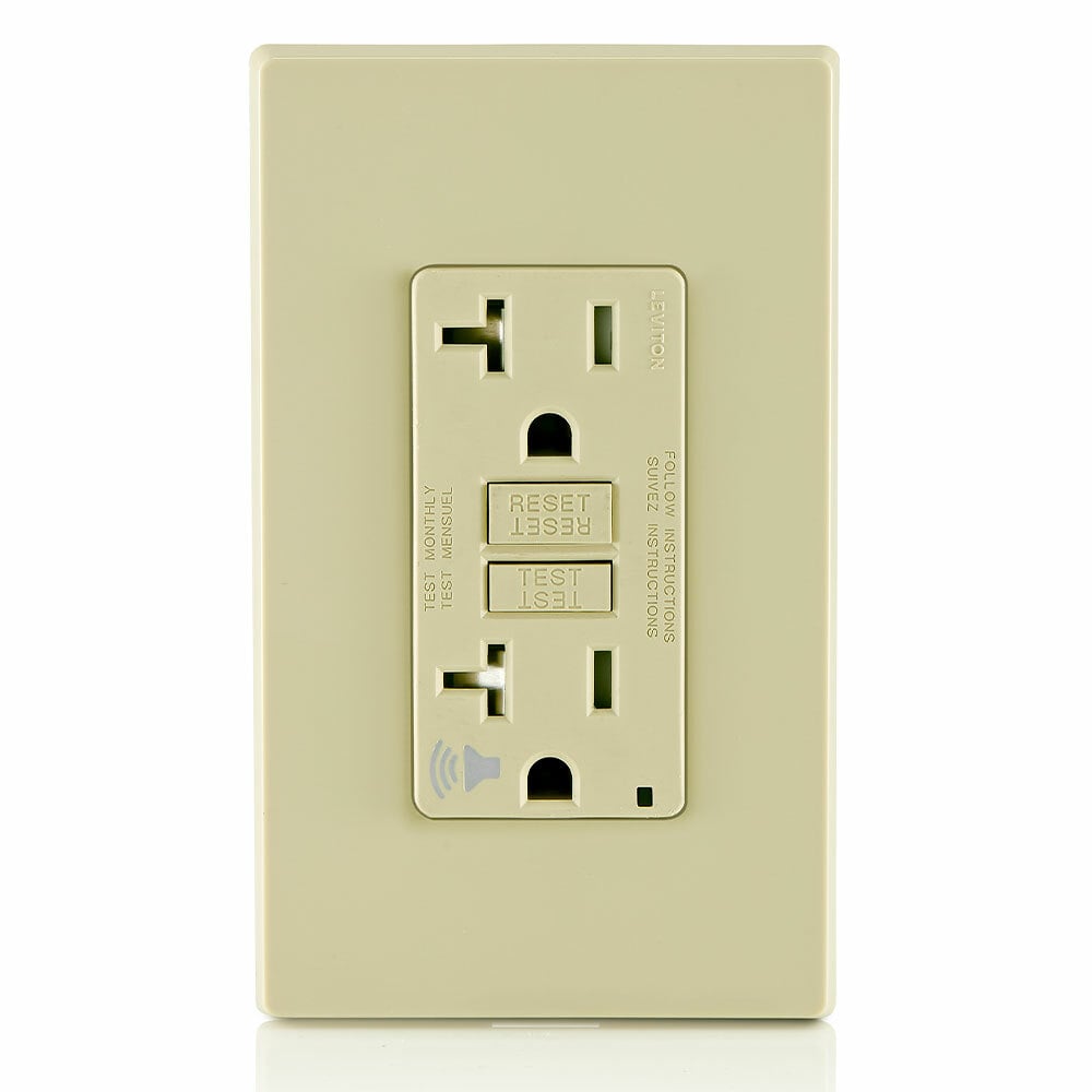 Audible Self-test Tamper Resistant GFCI Receptacle. Nema 5-20r 20a-125v @ Receptacle, 20A-125V Feed-through, Lighted, With Mounting Screws, Washers,  - Ivory, W/ivory Test And Reset Button.