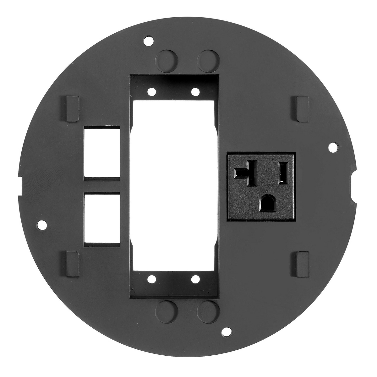 In-Floor Delivery Systems, SystemOne, Sub-Plate, Recessed Opening for (2) Extron Single AAP Adapter Plates and (2) Flush Hubbell Keystone Jacks, Single 20A, 125V Receptacle, Black