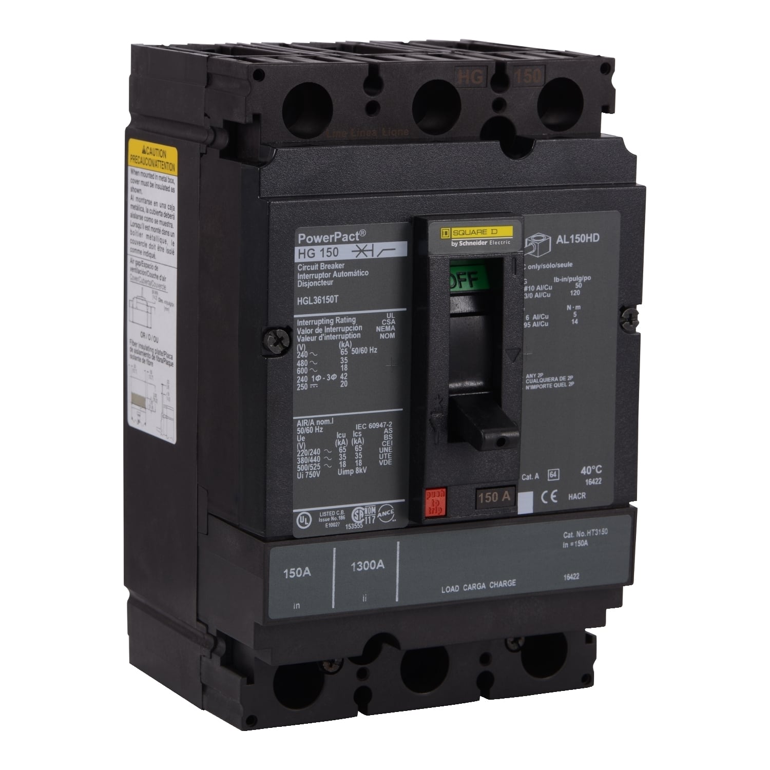 Circuit breaker, PowerPacT H, 150A, 3 pole, 600VAC, 18kA, lugs, thermal magnetic, 80%, interchangeable trip unit