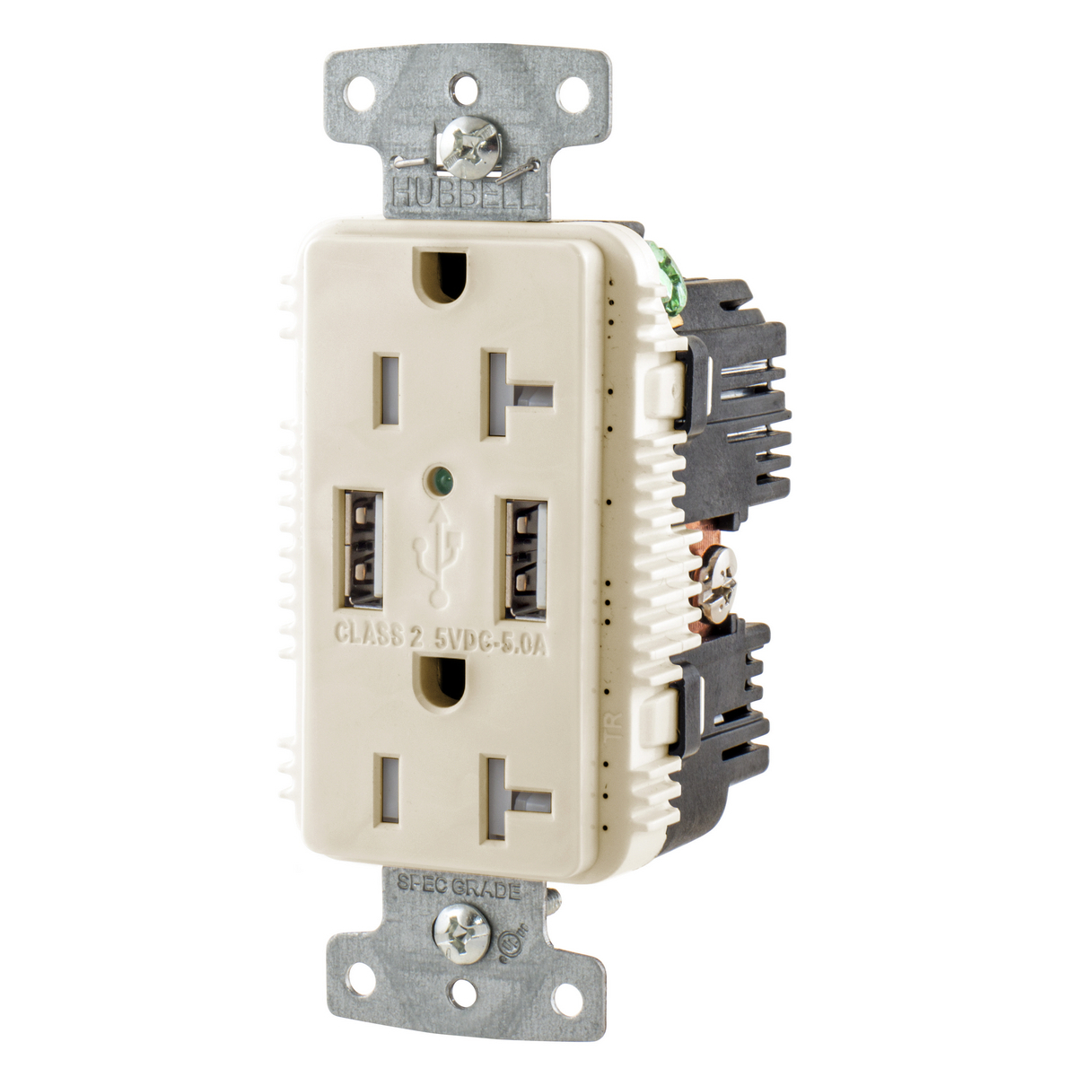 USB Charger Duplex Receptacle, 20A 125V,2-Pole 3-Wire Grounding, 5-20R, 2) 5A USB Ports, Light Almond