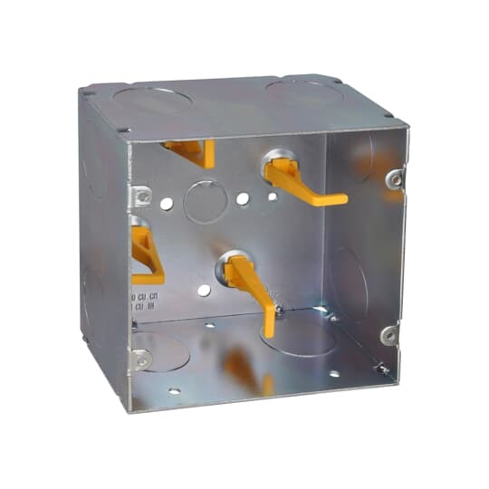 Telecommunication Box, 64 Cubic Inches, 5 Inches Square x 2-7/8 Inches Deep, 1 Inch Knockouts, Pre-Galvanized Steel, with Cable Management Posts