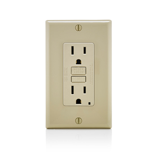 15 Amp, 125 Volt Receptacle/Outlet, 20 Amp Feed-Through, Self-test SmartLock Pro Slim GFCI, monochromatic, back and side wired, nylon wallplate/faceplate and self grounding clip included, NAFTA Compliant - Ivory