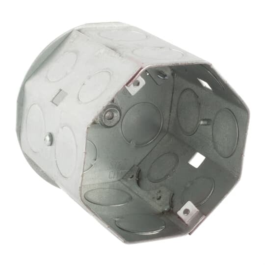 Octagon Hanging Ceiling Box, 41 Cubic Inches, 4 Inch Diameter x 3-1/2 Inch Deep, 1/2 Inch and 3/4 Inch Double Row Knockouts, Pre-Galvanized Steel, For use with Conduit