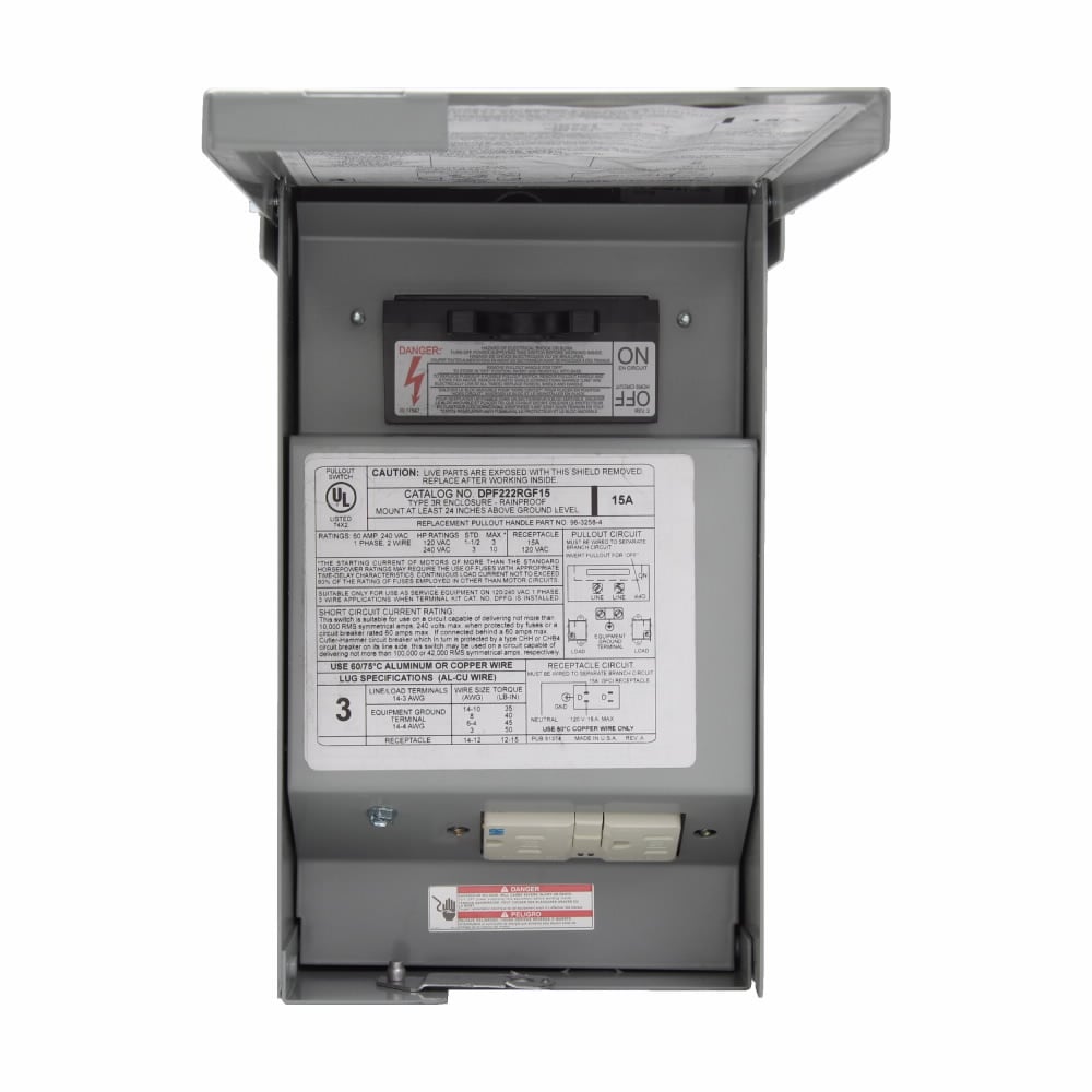 Eaton air conditioning disconnect, 30A FUSED, Metallic, 15A WRTR GF Self-Test