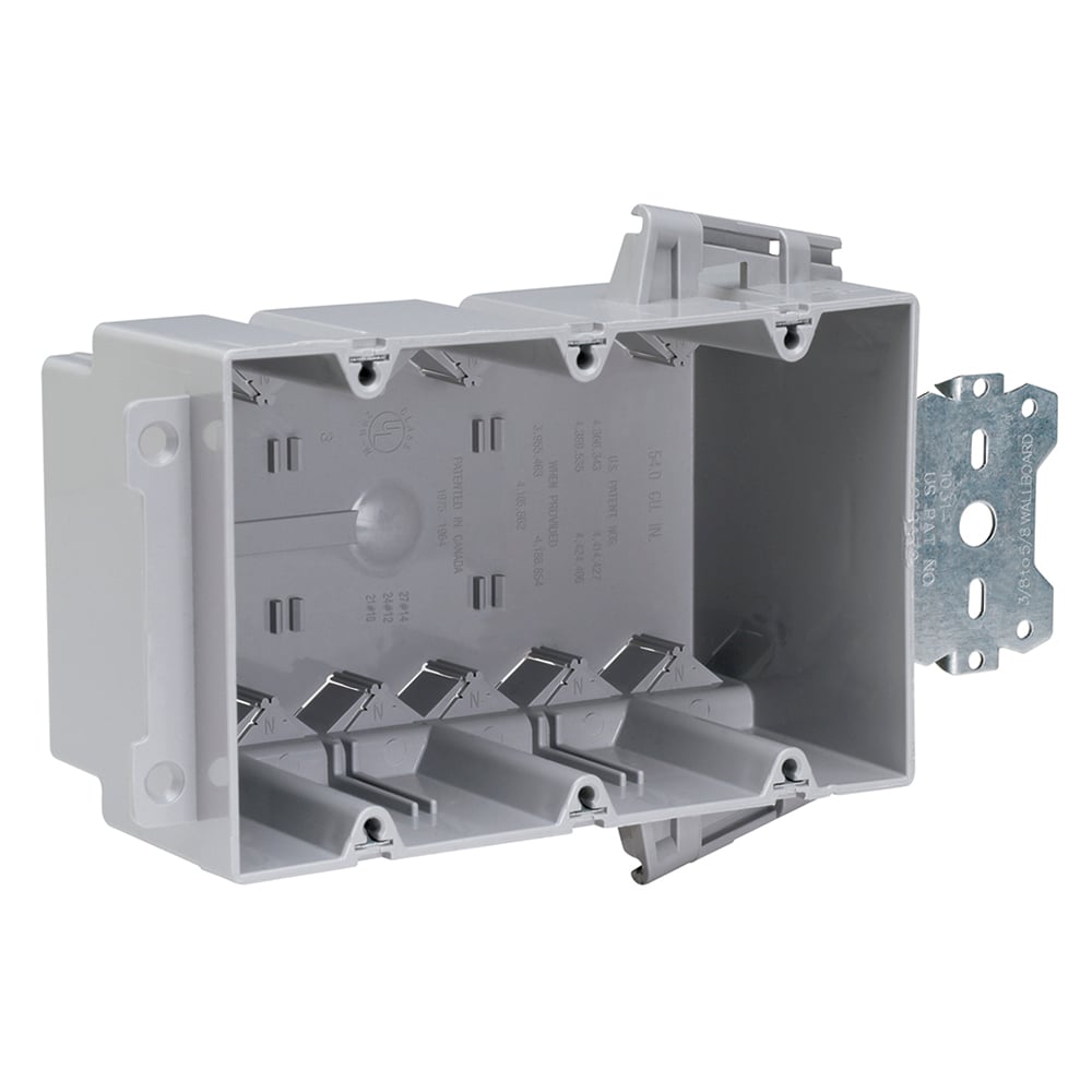 Triple Gang, Wood and Steel Stud Bracket Box with Quick/Click. 3/8 offset for wood and steel stud mounting. Six Auto/Clamps on each end. For use with 3/8 to 5/8 wallboard.