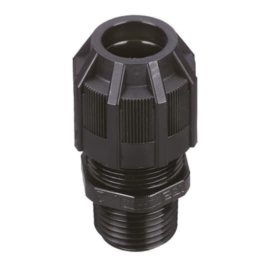 Liquidtight Strain Relief Connector, Straight, 1/2 Inch NPT Thread, Cable Range 0.125 Inch/3.2mm to 0.375 Inch/9.5mm, Throat Diameter 0.55 Inch, IP65 Rating, UV Resistant Polyamide 6.6 Body, Black
