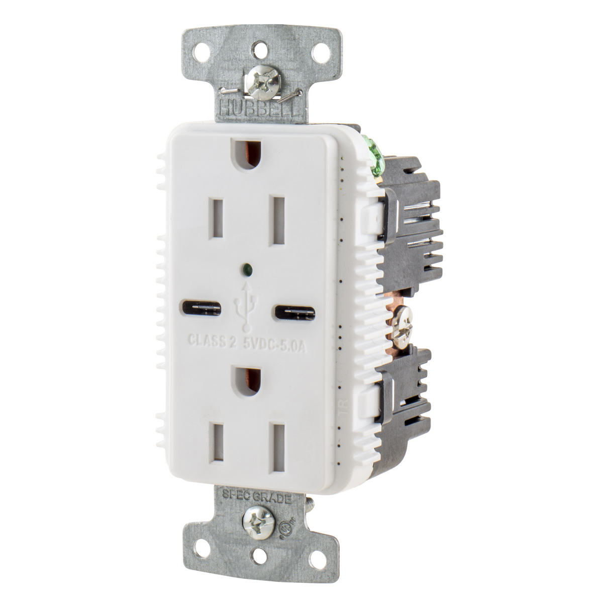USB Charger Duplex Receptacle, 15A 125V,2-Pole 3-Wire Grounding, 5-15R, 2) 5A "C" USB Ports, White